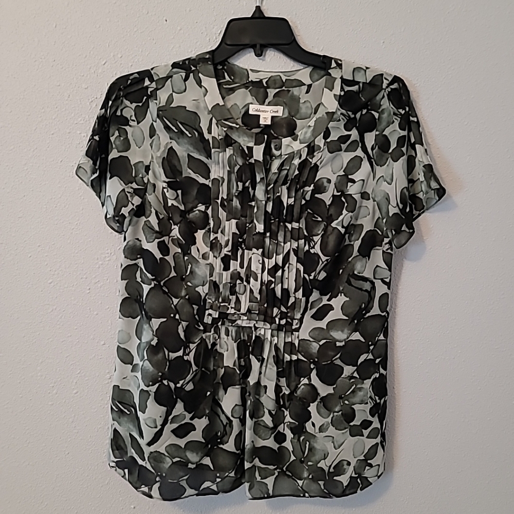 Coldwater Creek Olive Green Leaf Design Sheer Blouse ~Lined Sz Med 100% Poly